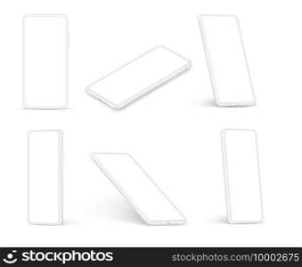 White smartphone. Cellphone with blank screen, phone in different angles of view. Realistic vector mockup for mobile application. Illustration touchscreen smartphone, cellphone display. White smartphone. Cellphone with blank screen, phone in different angles of view. Realistic vector mockup for mobile application