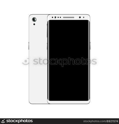 White smartphone front and back view isolated on white background. Mobile phone with blank screen. Cell phone mockup design. Vector illustration.. White smartphone front and back view