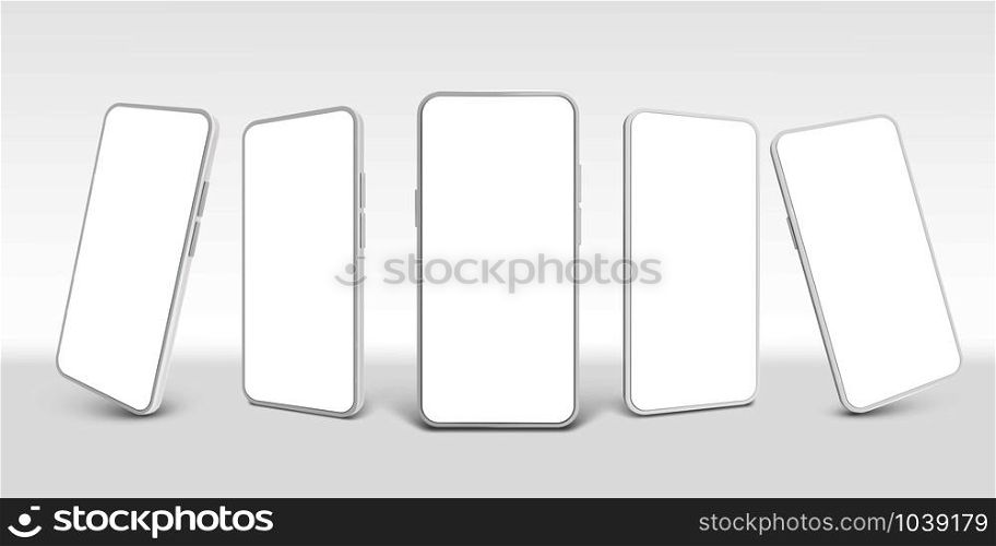 White smartphone mockup. Mobile phone, empty smartphones and modern frameless smartphone device screen realistic 3D vector template set. Cellular phone new model cliparts collection. White smartphone mockup. Mobile phone, empty smartphones and modern frameless smartphone device screen realistic 3D vector template set. Cellphone cliparts collection