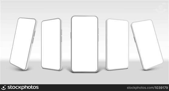 White smartphone mockup. Mobile phone, empty smartphones and modern frameless smartphone device screen realistic 3D vector template set. Cellular phone new model cliparts collection. White smartphone mockup. Mobile phone, empty smartphones and modern frameless smartphone device screen realistic 3D vector template set. Cellphone cliparts collection