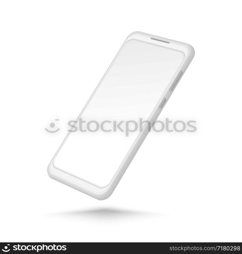 White smartphone mockup. Realistic 3d cellphone with blank screen. Vector modern phone template isolated on white background. Illustration of cellphone smartphone, device 3d screen. White smartphone mockup. Realistic 3d cellphone with blank screen. Vector modern phone template isolated on white background