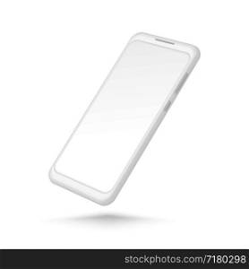 White smartphone mockup. Realistic 3d cellphone with blank screen. Vector modern phone template isolated on white background. Illustration of cellphone smartphone, device 3d screen. White smartphone mockup. Realistic 3d cellphone with blank screen. Vector modern phone template isolated on white background