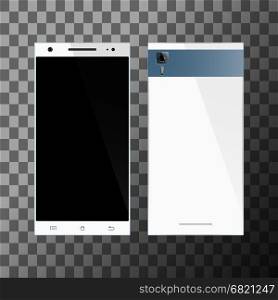 White smartphone with blank screen. Front and back view. Cell phone mockup design. Mobile phone vector illustration.. White smartphone with blank screen
