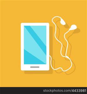 White smartphone with headphones, earpieces, earphones, ear flaps. Mobile multimedia blue user interface on phone screen. Flat design style vector illustration