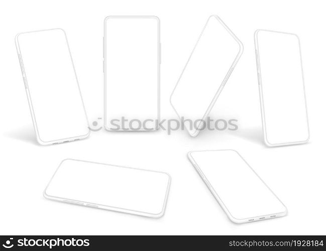 White smartphones template. Gadget advertising mockup, clean cellphone clipart. Isolated 3d mobile phones, smart technologies exact vector set. Illustration of screen smartphone isolated display. White smartphones template. Gadget advertising mockup, clean cellphone clipart. Isolated 3d mobile phones, smart technologies exact vector set