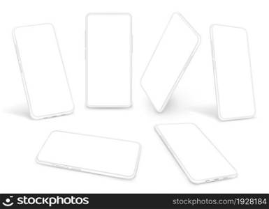 White smartphones template. Gadget advertising mockup, clean cellphone clipart. Isolated 3d mobile phones, smart technologies exact vector set. Illustration of screen smartphone isolated display. White smartphones template. Gadget advertising mockup, clean cellphone clipart. Isolated 3d mobile phones, smart technologies exact vector set