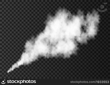 White smoke burst isolated on transparent background. Steam explosion special effect. Realistic vector column of fire fog or mist texture .