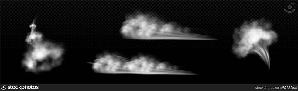 White smoke clouds, wind blow, spray, powder or water drop trails. Flow mist, smoky stream, aroma or toxic , chemtrail or rocket take off, steaming chemical haze. Realistic 3d vector isolated set. White smoke clouds, wind blow, spray, powder set