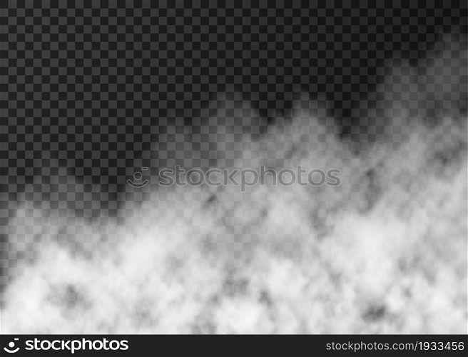White smoke isolated on transparent background. Steam special effect. Realistic vector fire fog or mist texture.