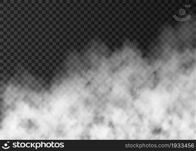 White smoke isolated on transparent background. Steam special effect. Realistic vector fire fog or mist texture.