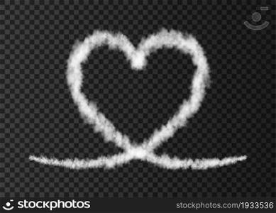 White smoke plane heart trail isolated on transparent background. Love. Steam effect. Realistic vector fog or cloud for Valentine day banner template .