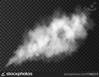White  smoke puff isolated on transparent background.  Steam explosion special effect.  Realistic  vector  column of  fire fog or mist texture . 