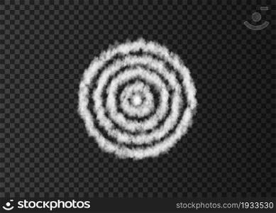 White smoke spiral track isolated on transparent background. Target. Realistic vector cloud or fog texture.