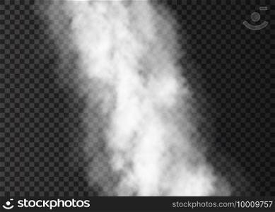 White  smoke trail  isolated on transparent background.  Steam explosion special effect.  Realistic  vector  column of  fog or mist texture . 