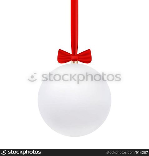 White snow Christmas bauble on red string with fine highlights and shadow isolated on transparent background, Xmas ornmament.