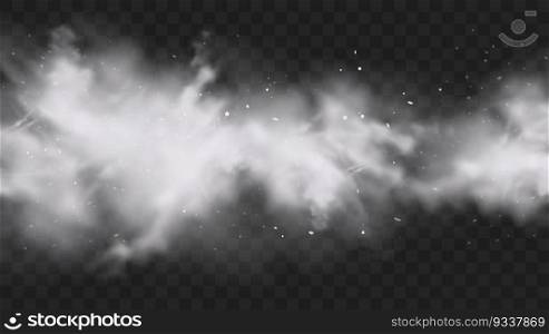 White snow explosion with particles and snowflakes splash isolated on transparent dark background. White flour powder explosion, Holi paint powder. Smog or fog effect. Realistic vector illustration.. White snow explosion with particles and snowflakes splash isolated on transparent dark background. White flour powder explosion, Holi paint powder. Smog or fog effect. Realistic vector illustration