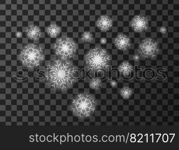 White snow flakes weather meteo icon vector illustration. Realistic falling snow, e≤ment for weather forecast, w∫er dayπctogram, isolated on transparent background. White snow flakes weather meteo icon