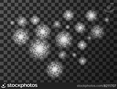White snow flakes weather meteo icon vector illustration. Realistic falling snow, e≤ment for weather forecast, w∫er dayπctogram, isolated on transparent background. White snow flakes weather meteo icon