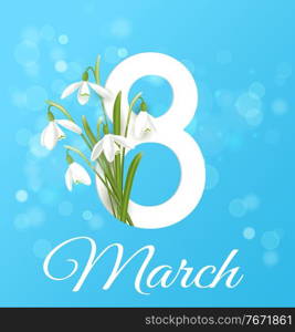 White snowdrops on a blue background. Greeting card for women’s day. Vector illustration