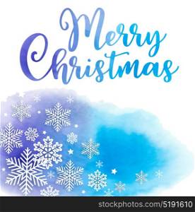 White snowflakes on a blue watercolor background. Christmas greeting card.