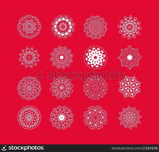 White snowflakes on red background. Christmas snowflakes set. White snowflakes set