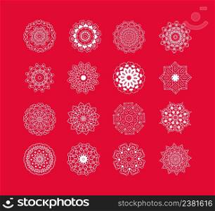 White snowflakes on red background. Christmas snowflakes set. White snowflakes set