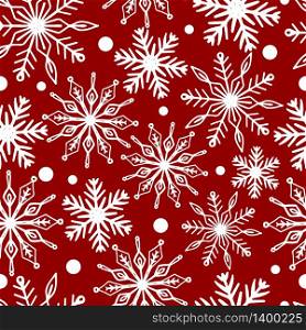 White snowflakes on red background seamless pattern for holiday design.. White snowflakes on red background seamless pattern for continuous replicate