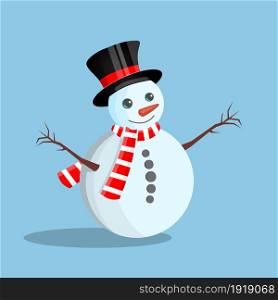 White snowman with cylinder hat , scarf and mittens. Happy new year decoration. Merry christmas holiday. New year and xmas celebration. Vector illustration in flat style. White christmas snowman
