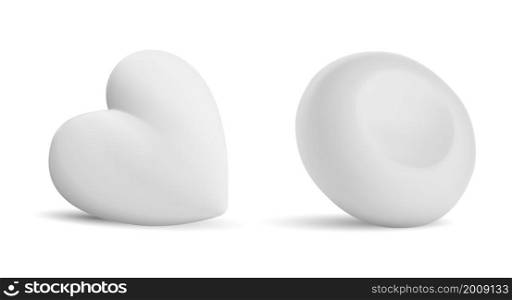 White soap bar isolated. Solid cosmetics butter pack, round shape detergent template. Brand hygiene toiletries, ellipse and heart shape clean blank. Vector mockup of rounded soap bars. White soap bar isolated. Solid cosmetics butter pack