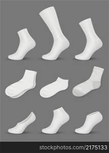 White socks. Collection of fashioned modern clothes for men white shoes socks mockup decent vector realistic set isolated. Illustration white socks for sport, foot clothes whitest. White socks. Collection of fashioned modern clothes for men white shoes socks mockup decent vector realistic set isolated