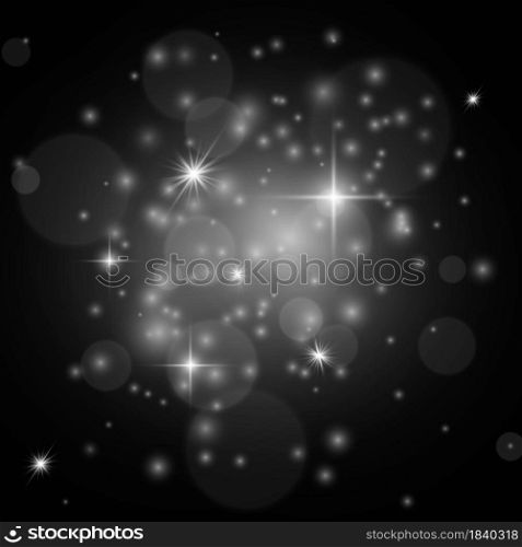 White sparkles. Christmas isolated stardust, festive glowing stars. Group of twinkle lights. Xmas party. Magic shimmer backdrop, silver holiday glitter vector isolated on black background illustration. White sparkles. Christmas isolated stardust, festive glowing stars. Group of twinkle lights. Xmas party. Magic shimmer backdrop, silver holiday glitter vector isolated illustration