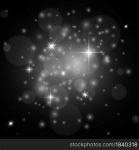 White sparkles. Christmas isolated stardust, festive glowing stars. Group of twinkle lights. Xmas party. Magic shimmer backdrop, silver holiday glitter vector isolated on black background illustration. White sparkles. Christmas isolated stardust, festive glowing stars. Group of twinkle lights. Xmas party. Magic shimmer backdrop, silver holiday glitter vector isolated illustration