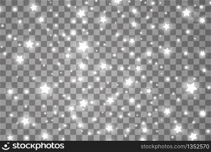 White sparks and white stars glitter special light effect. Vector sparkles on transparent background. Christmas abstract pattern. Sparkling magic dust particles. The dust sparks and white stars shine with special light. Vector sparkles on a transparent background. Christmas light effect. Sparkling magical dust particles.