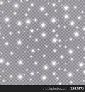 White sparks and white stars glitter special light effect. Vector sparkles on transparent background. Christmas abstract pattern. Sparkling magic dust particles. The dust sparks and white stars shine with special light. Vector sparkles on a transparent background. Christmas light effect. Sparkling magical dust particles.