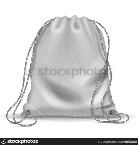 White sports backpack, backpacker cloth bag with drawstrings. Isolated vector template. Accessory knapsack for backpacking, sport rucksack drawstring illustration. White sports backpack, backpacker cloth bag with drawstrings. Isolated vector template