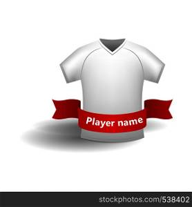 White sports shirt with red ribbon for player name icon in cartoon style isolated on white background. White sports shirt icon, cartoon style