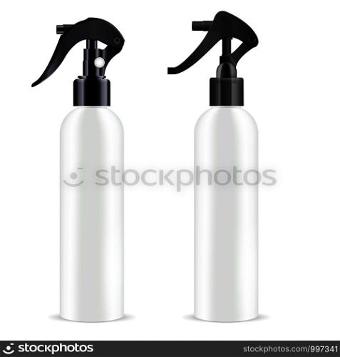 White sprayer cosmetics bottle set with different dispenser spray cap. Isolated container design with pump for liquid, water, oil, tonic and other cosmetic products. Vector mockup illustration.. Sprayer cosmetics bottle set with dispenser spray