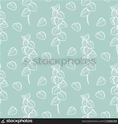 White sprigs of eucalyptus on green background seamless pattern. Delicate botanical background with greenery. Leaf fashion model. Template for fabric, wallpaper, design vector illustration