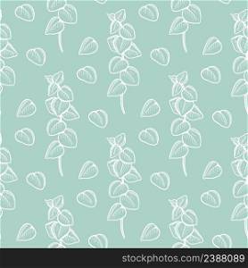 White sprigs of eucalyptus on green background seamless pattern. Delicate botanical background with greenery. Leaf fashion model. Template for fabric, wallpaper, design vector illustration