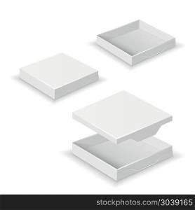 White square flat empty 3d boxes isolated. White square flat empty 3d boxes isolated on white vector template. Cardboard container for pizza delivery illustration