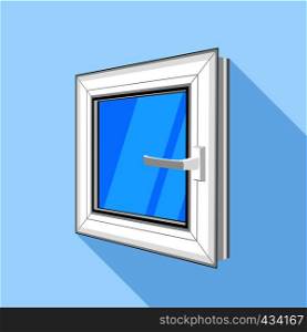 White square plastic window with blue sky glass icon. Flat illustration of white square plastic window with blue sky glass vector icon for web. Square plastic window with blue sky glass icon