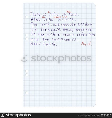 White squared blank white paper sheet with the English language. Vector illustration.