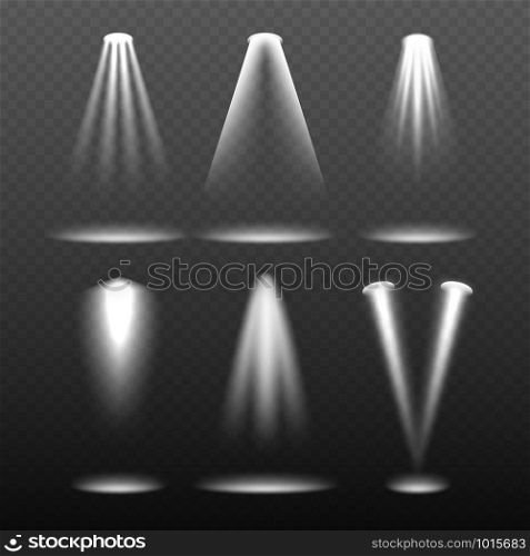 White stage lights. Environment bright and projection lightning vector realistic template. Illustration of lightning realistic effect, beam bright projection. White stage lights. Environment bright and projection lightning vector realistic template