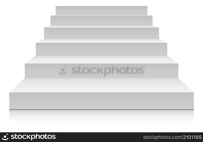 White stairs front view. Blank mockup for platform or podium isolated on white background. White stairs front view. Blank mockup for platform or podium