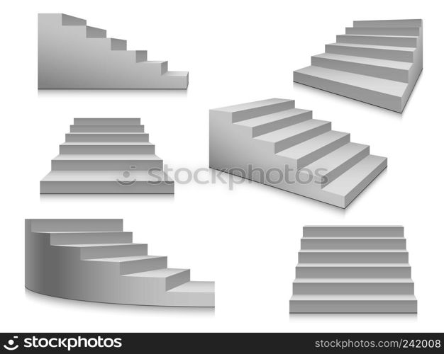 White stairs. Staircase isolated, 3d stairway for interior staircases. Steps ladder architecture element vector collection. White stairs. Staircase, 3d stairway, interior staircases isolated. Steps ladder architecture element vector collection