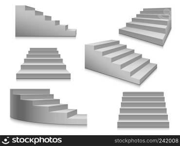 White stairs. Staircase isolated, 3d stairway for interior staircases. Steps ladder architecture element vector collection. White stairs. Staircase, 3d stairway, interior staircases isolated. Steps ladder architecture element vector collection