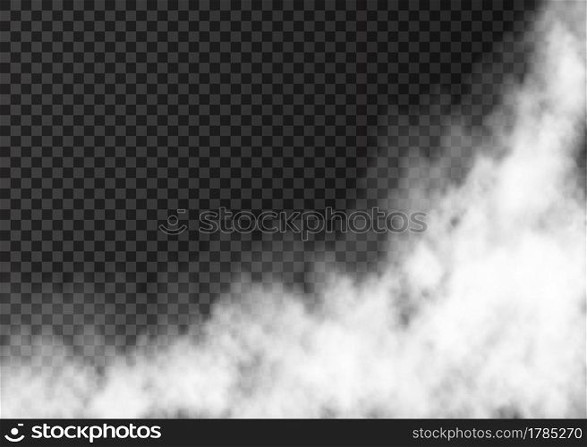 White steam isolated on transparent background. Fog special effect. Realistic vector fire smoke or mist texture .