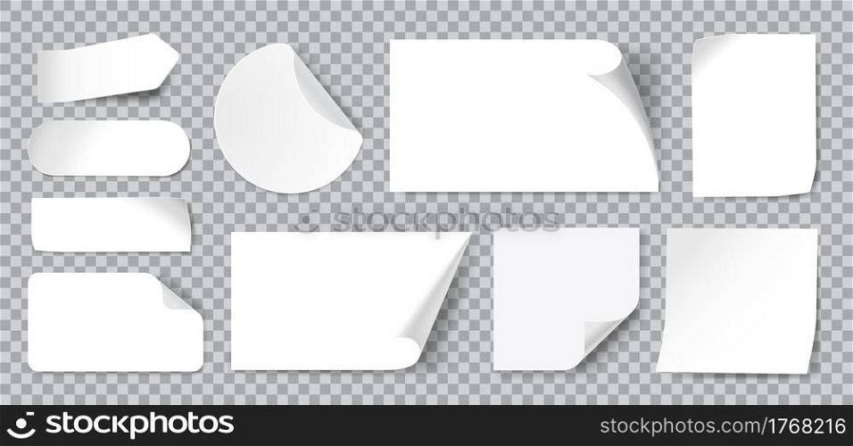 White stickers. Blank adhesive sticker with folded or curled corners. Realistic paper sticky notes in various shapes vector mockup as circle, rectangle, square clean tags or badges