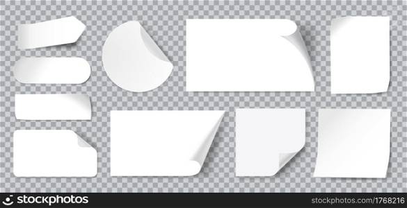 White stickers. Blank adhesive sticker with folded or curled corners. Realistic paper sticky notes in various shapes vector mockup as circle, rectangle, square clean tags or badges