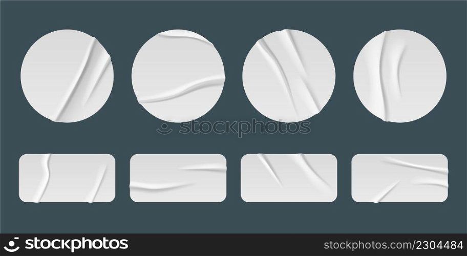 White stickers, glued paper patches and adhesive tapes with wrinkles. Vector realistic set of blank circle and rectangular sticky tags and labels with folds isolated on gray background. White stickers, glued paper patches